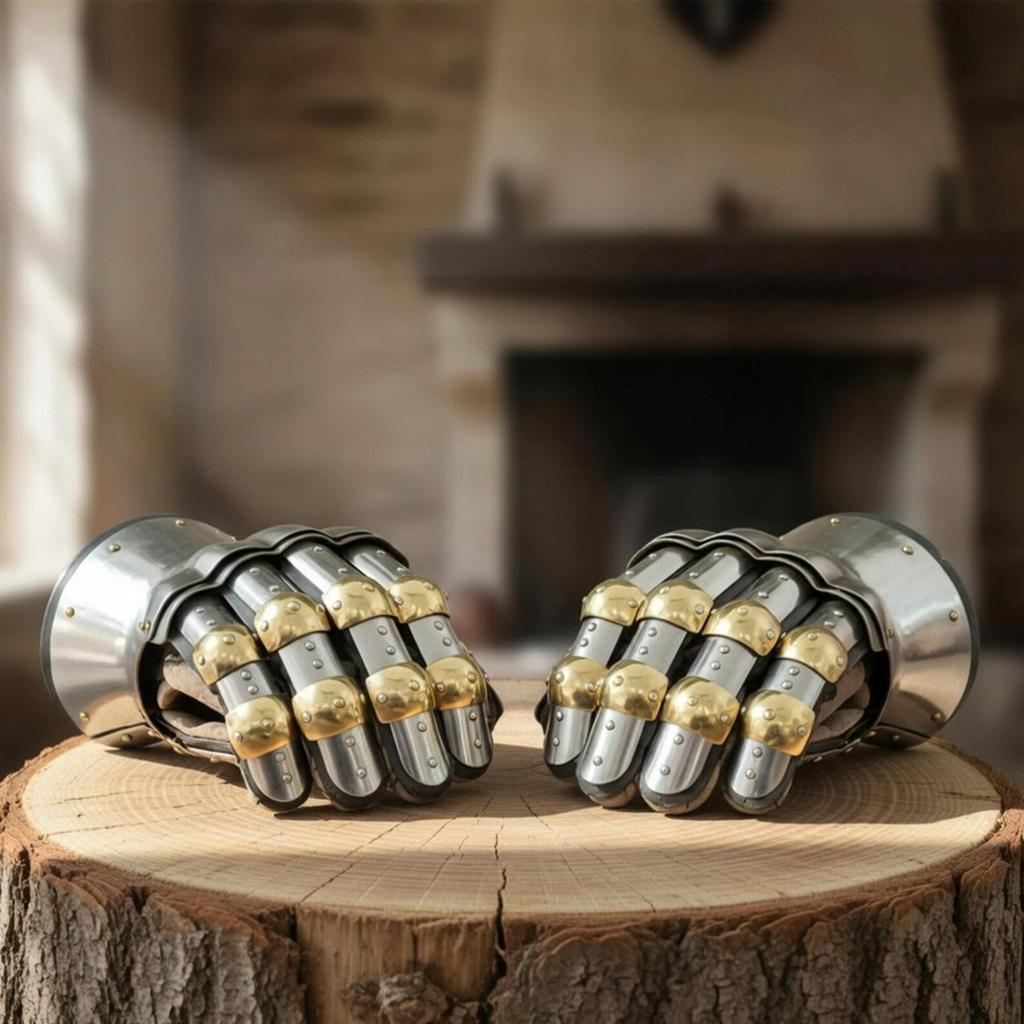 Churburg Medieval Gauntlets – Handcrafted 16G Steel Knight Armor Gloves with Brass Accents