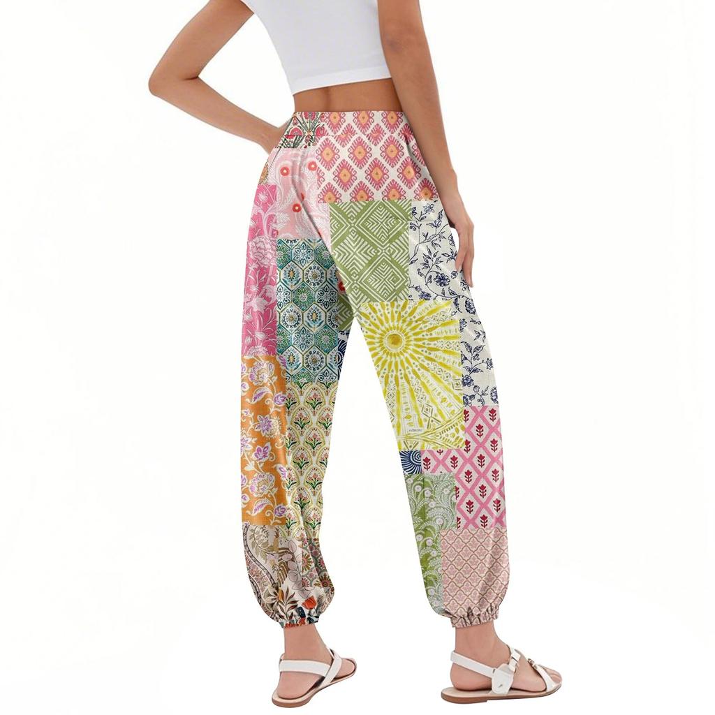 Women's Pocket Drawstring Trousers High Waist Yoga Bohemian Printed Casual Pants