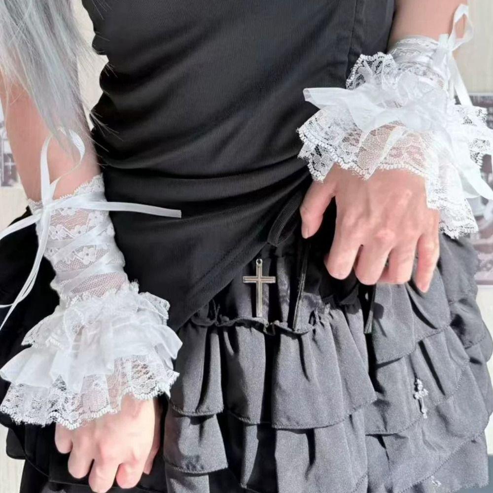 Ruffled Lace Lace Arm Sleeves Elastic Band Fake Sleeves Women's Fingerless Gloves  Anime Costume