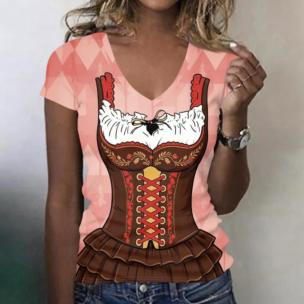 Women's Casual V Neck Short Sleeve T Shirt Oktoberfest Print Top Lightweight Soft Fabric Relaxed Fit Tee for Everyday Wear