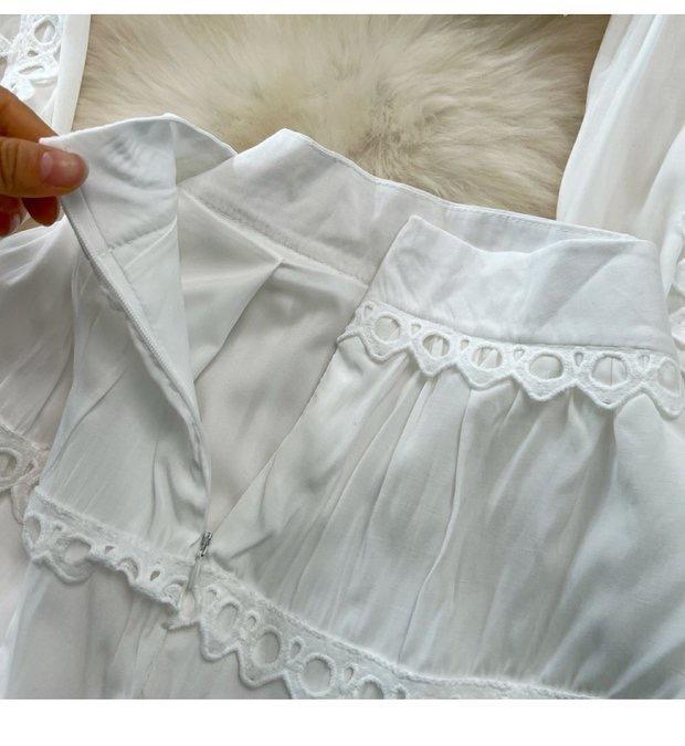 Damenmode Retro Hofstil Laternenkragen Hohlspitze Hohe Taille Rock Anzug