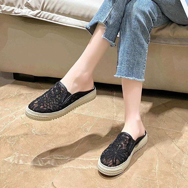 Hollow Embroidered Women's Slippers Flat with Pull on Women's Shoes on Sale 2025 New Summer New Solid Women's Slippers