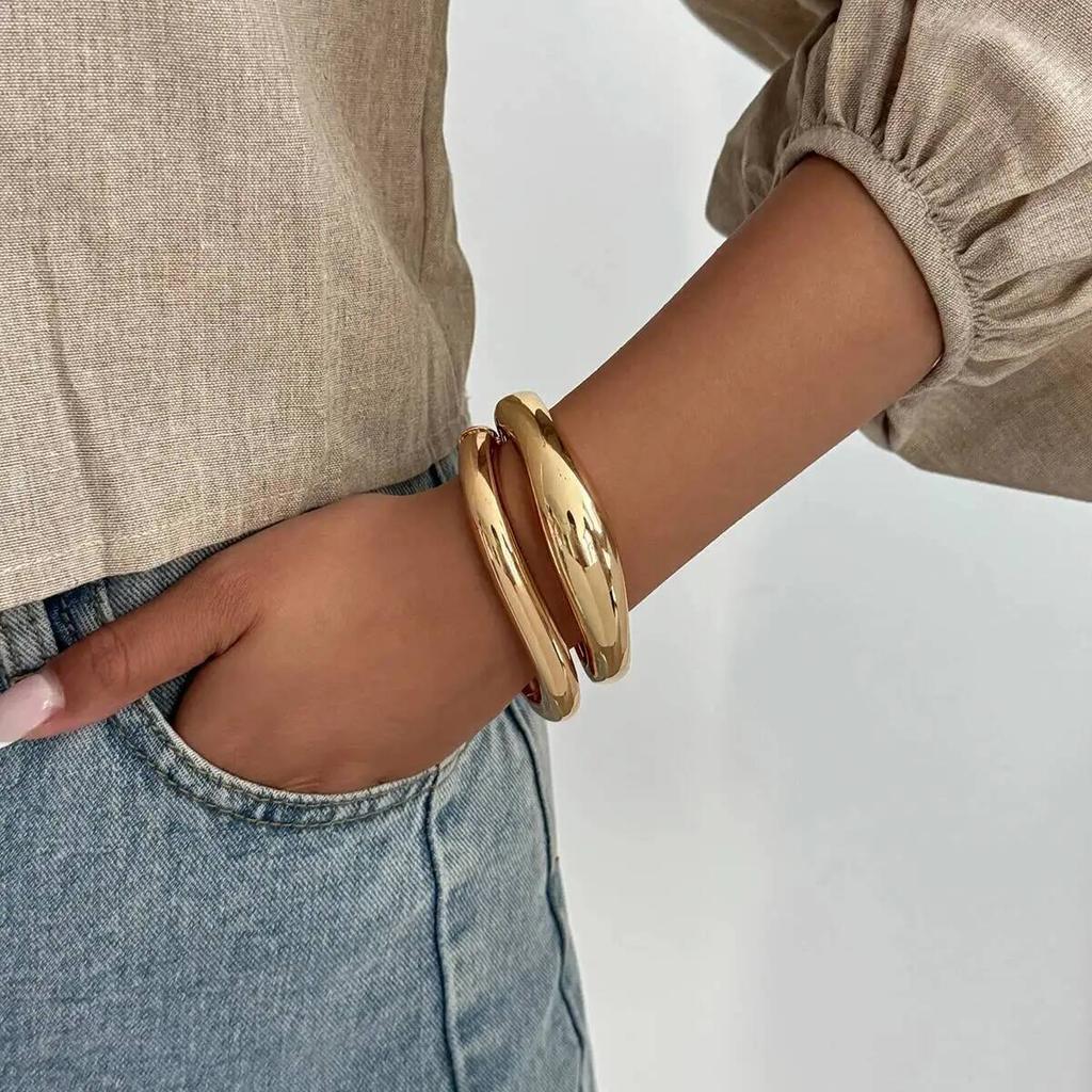 IngeSight.Z 2 Styles HipHop Metal Water Drop Cuff Bangle Bracelet Women Punk Gold Color Geometric Stacking Spring Bangle Jewelry