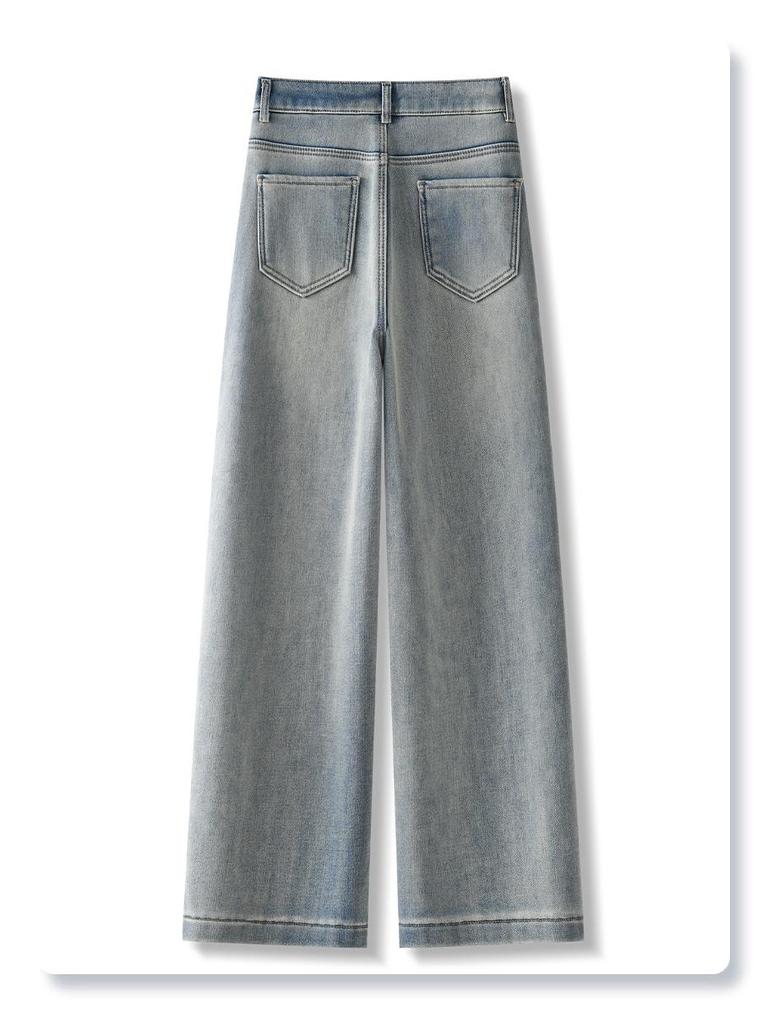 Women's Retro High-Waisted Light Blue Fleece-Lined Jeans for Autumn/Winter 2024 - Narrow, Wide, or Straight-Leg Styles.