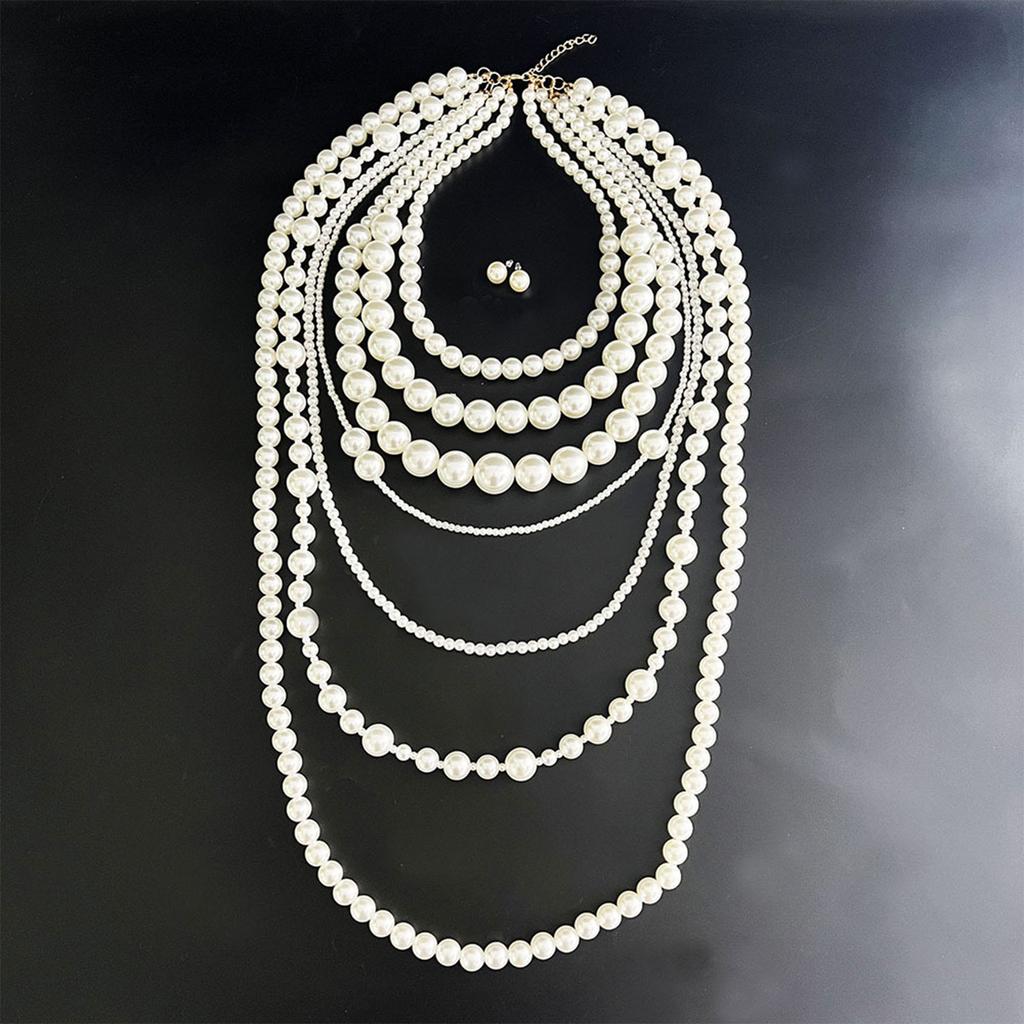 Trendy Geometric Design 7 Layer Pearls Chain Statement Jewelry Set Vintage Fashion Pears Jewelry Suitable For All Season