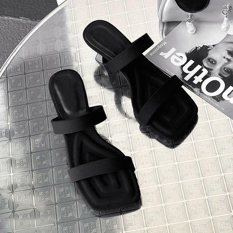 

Fashion Square Toe Women High Heels Slippers Luxury Heeled Sandals Party New 2025 Summer Shoes Sexy Dress Designer Woman Brand Pumps 40 чёрный