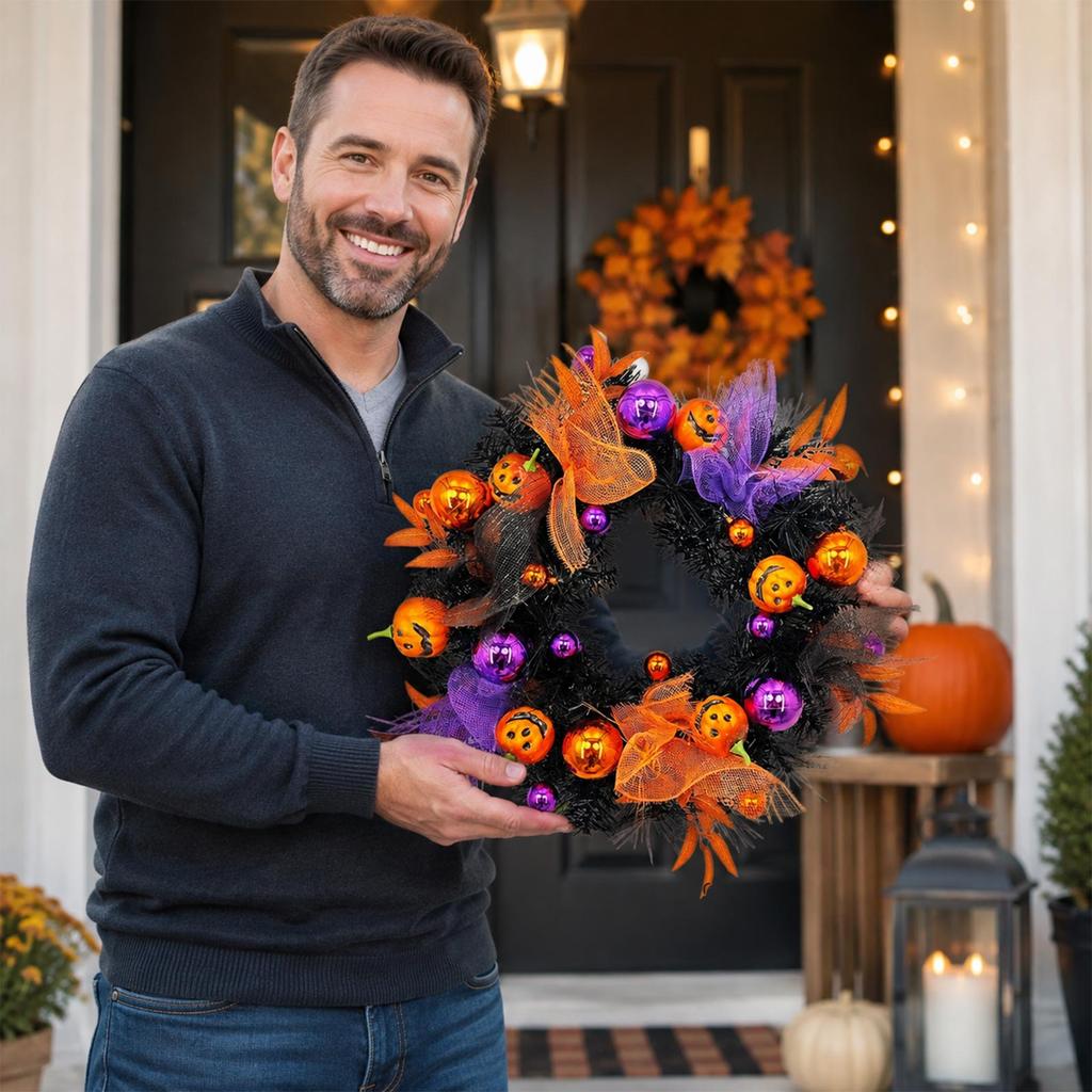 Pumpkin Face Halloween Wreath for Front Door Decor, Unlit