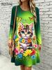 Cute Cat Floral 3D Print Dresses Women's Fashion Gradient Long-Sleeve Dress Autumn Winter Daily Casual Women's Loose Home Dress