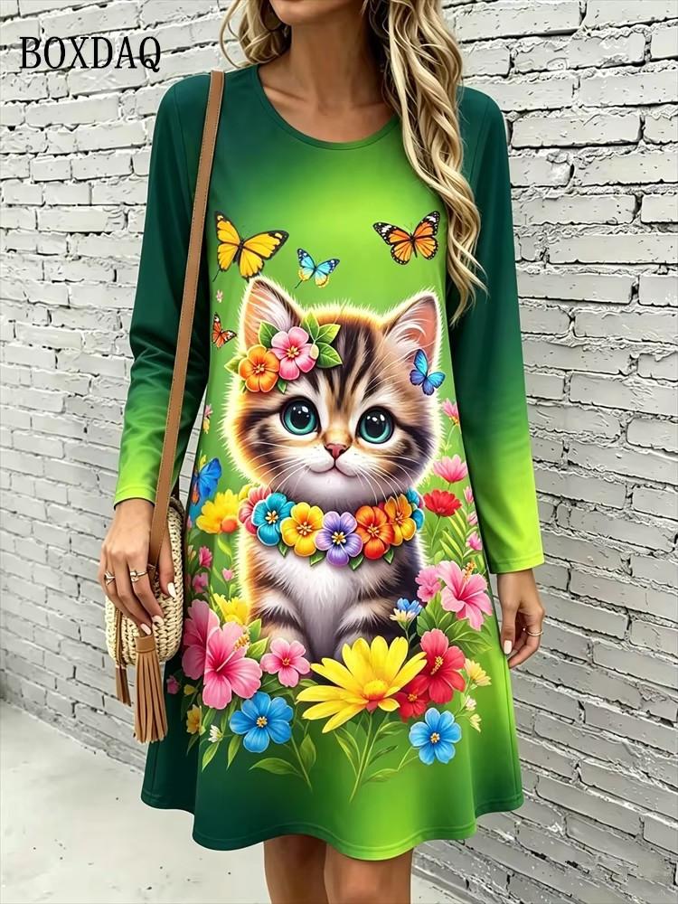 Cute Cat Floral 3D Print Dresses Women's Fashion Gradient Long-Sleeve Dress Autumn Winter Daily Casual Women's Loose Home Dress