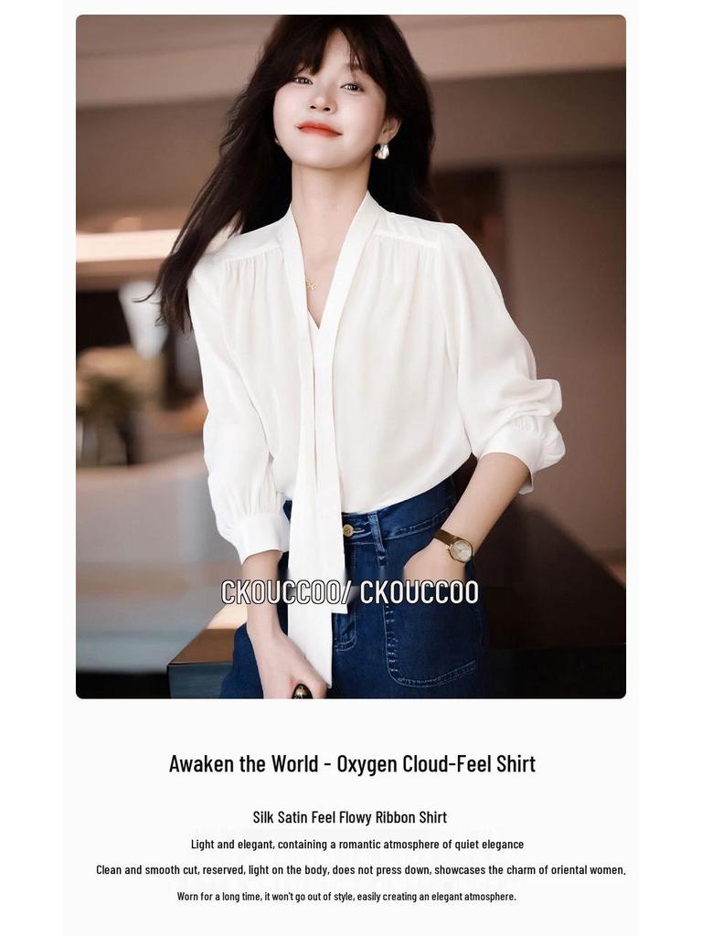 Rong Tai Women's Elegant French Ribbon Long Sleeve V-Neck Chic Shirt - Spring 2026 Collection