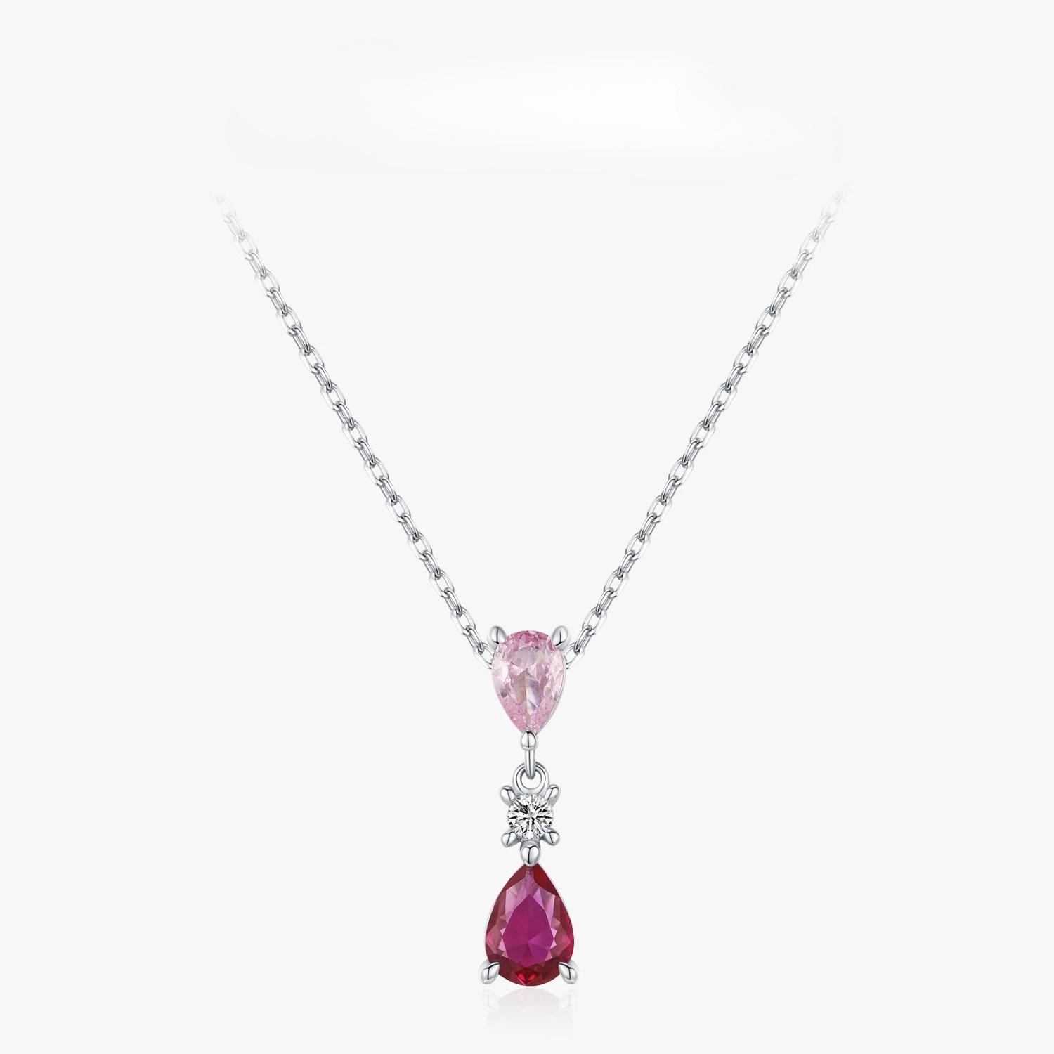 Ailmay Sterling Silver Water Droplet Sweet Pink Zircon Pendant Necklace for Women Romantic Valentine s Day Gift
