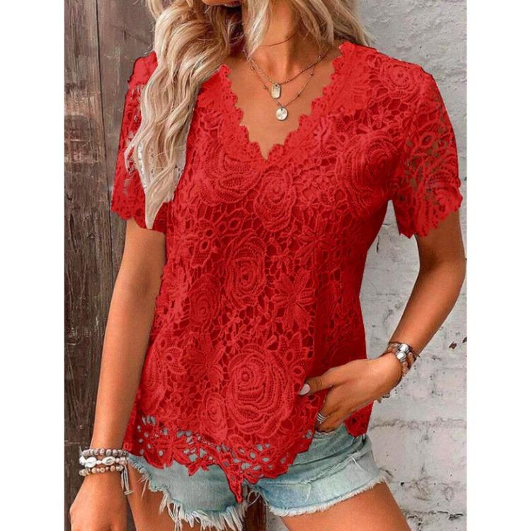 New Arrival Summer Elegant Lace V Neck Short Sleeve T Shirt Top S красный