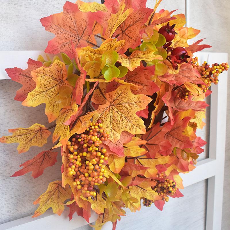 Fall Wreaths for Front Door Maple Leaf Pine Cone Berry Autumn Harvest Wreath Christmas Halloween Decoration Artificial Wreath