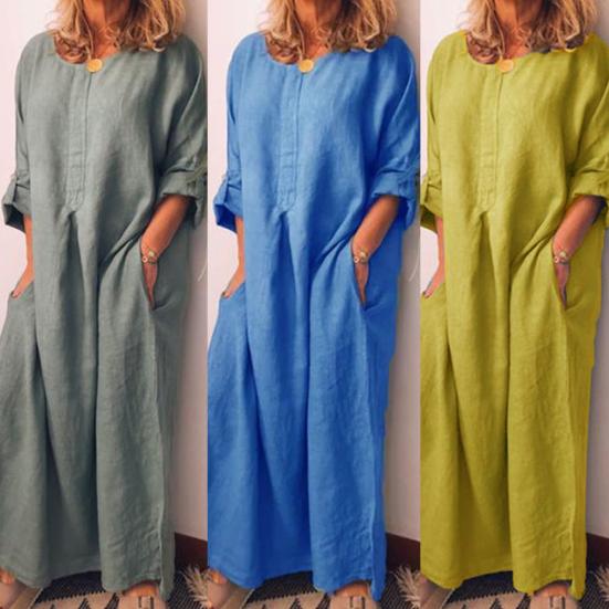 Casual Women Solid Color Oversize Maxi Cotton Linen Long Shirt Kaftan?Dress