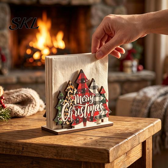 Christmas Tree Napkin Holder Wooden Holder, Freestanding Tissue Dispenser with Star And Snowflake Decor, Winter Holiday Table Decor Decorative Festive