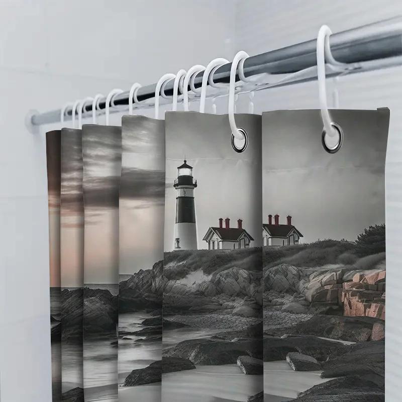 Modern Bathroom Shower Curtain With Lighthouse Design Waterproof Fabric For Home Decor 3D Printing Customizable Size (Black Whit