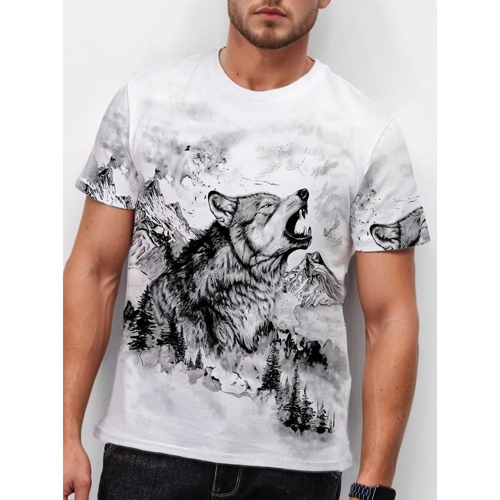 Casual Loose Animal Print Short Sleeve Fashion Simple Men s Top Crew Neck Comfortable T-Shirts Men’s XS