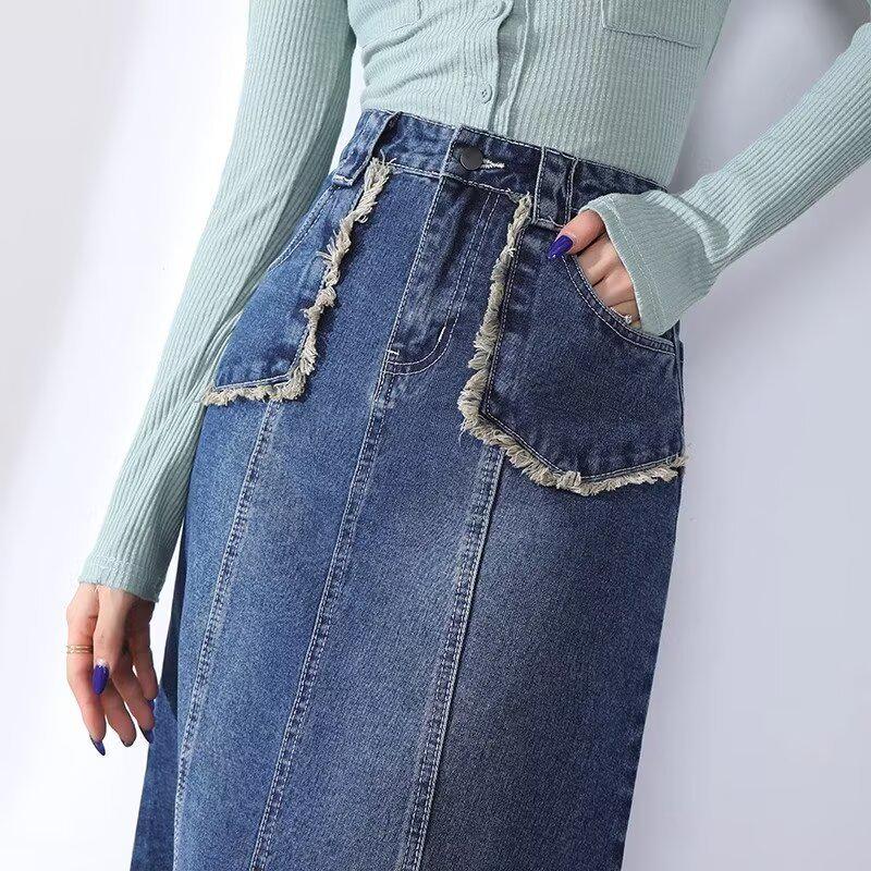 High Waist Tassel Raw Edge Denim A-Line Midi Skirt - Spring 2025 Collection