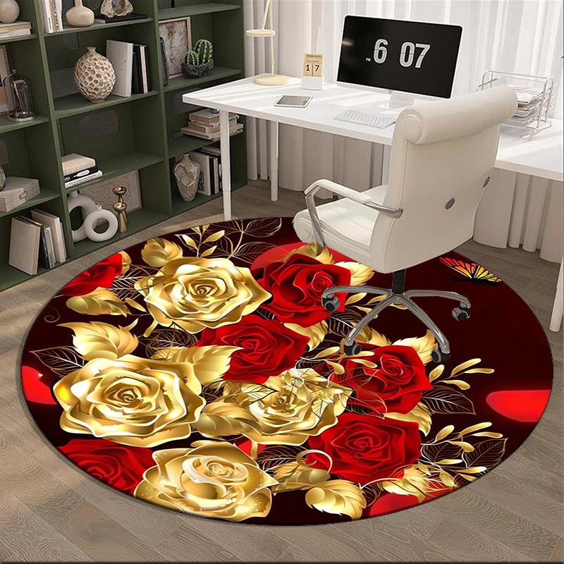 Golden Rose Wreath Design round carpet Chair cushion Round Entryway Rug, Soft Round Rugs for Living Room, Bedroom, Circle Carpet decor gifts