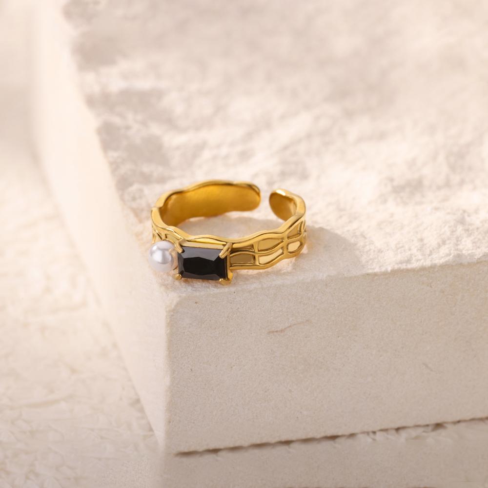 Square Zircon Pearl Rings For Women Gold Color Stainless Steel Geometric Opening Ring Wedding Party Christmas Jewelry Gift