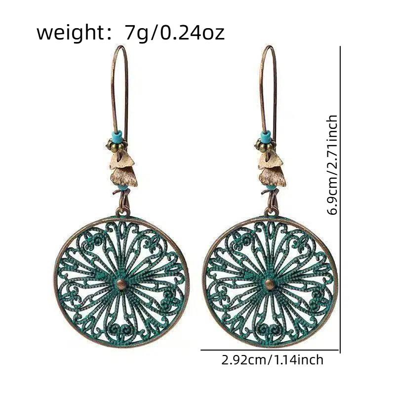European and American bohemian style hollow pattern round brand earrings, retro bronze turquoise beaded women's earrings