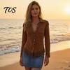 Slim Fit Fringe Blouse Women Tassel Shirt for Autumn, Button Down Everyday Wear Blouse, Solid Color Casual Long Sleeve Top, Western Cowgirl
