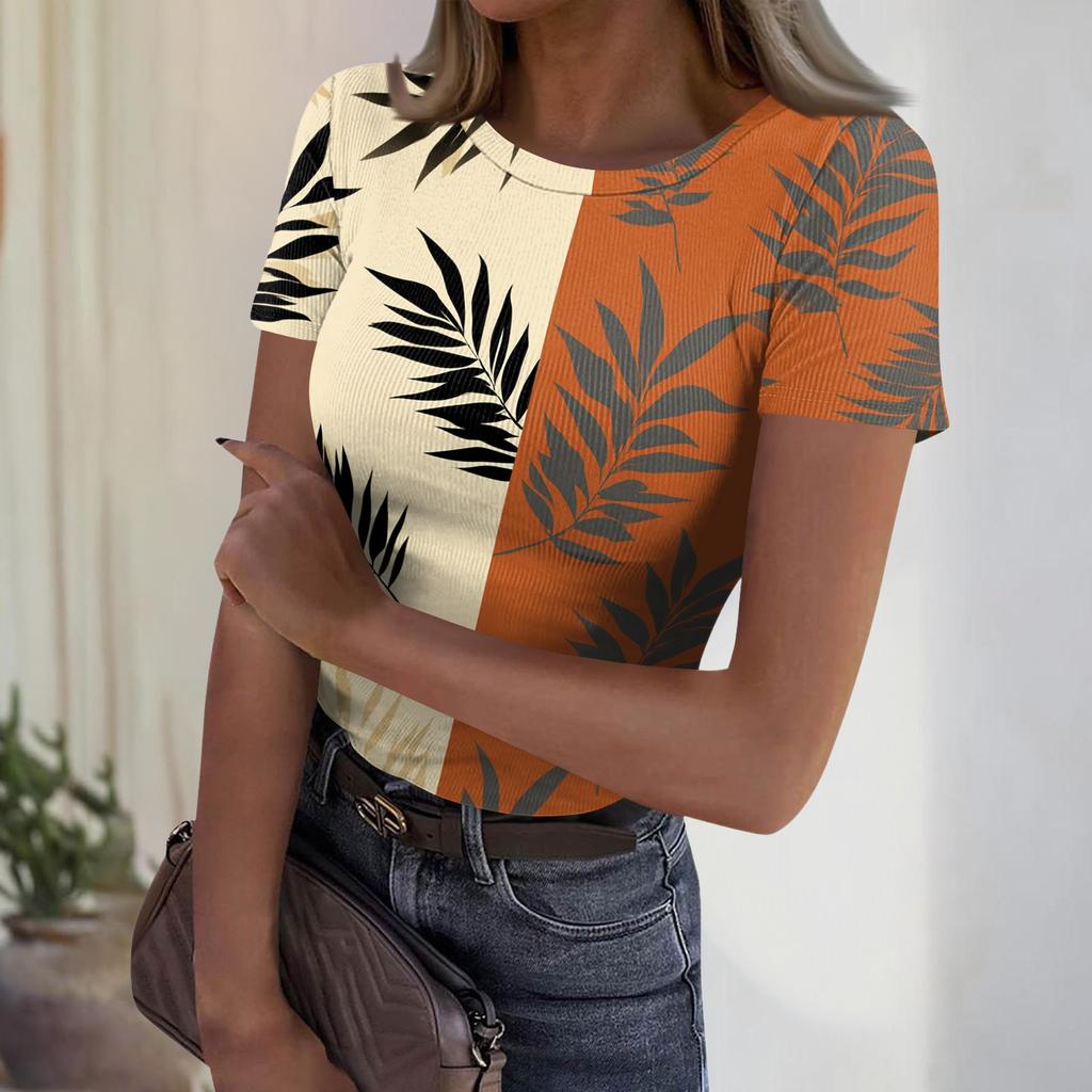 Women's Casual Fashion Round Neck Hawaiian Print Short Sleeve Ribbed Top