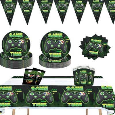 Green Gamepad Theme Game Style Birthday Party Supplies Disposable Paper Plate Tablecloth Tableware Arrangement