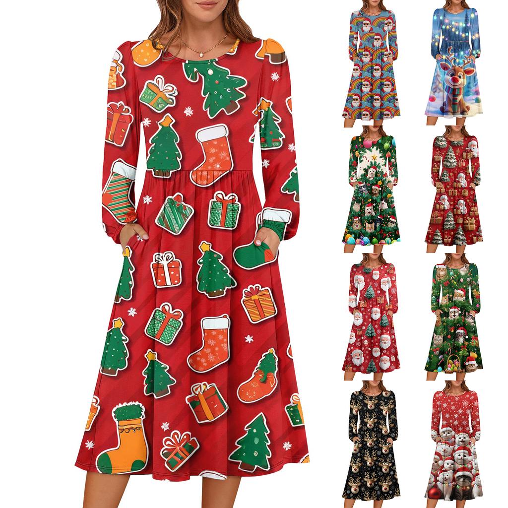Dámské vánoční tištěné módní volné šaty s kulatým výstřihem
