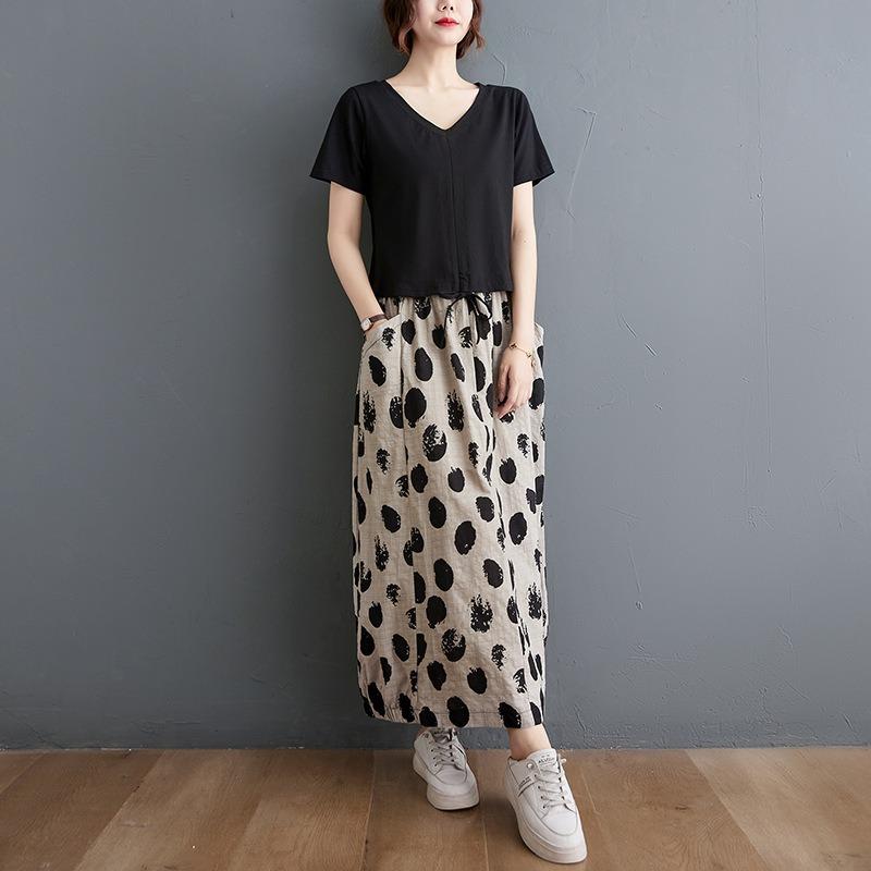 Real Shot Summer New Literary and Retro Loose and Thin Elastic Waist Skirt Women's Medium and Long