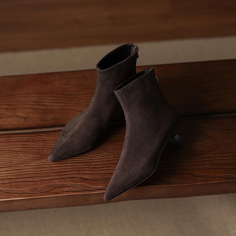 Krazing Pot Cow Suede Nubuck Winter Pointed Toe Preppy Style Stiletto Thin Med Heels Women Zip Women Ankle Boots