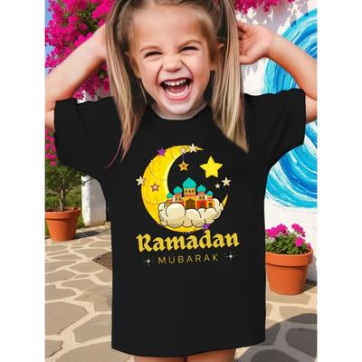Moon Star Ramadan Printed Kids Shirt Child Ramadan Eid T-Shirt Outfit Girls Boys Tops Short Sleeve Tops Islamic Muslim Clothes