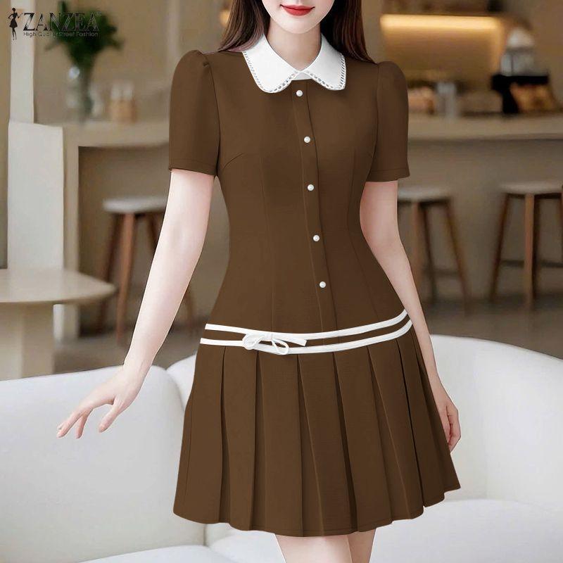 ZANZEA Damen Freizeitkleid mit Puppenkragen Sommer Kurzarm