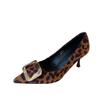 Thin Heel Single Shoes Women's Spring New Sexy Leopard Print Suede Ladyshoes Metal Square Buckle Shallow Mouth Pointed High Heels