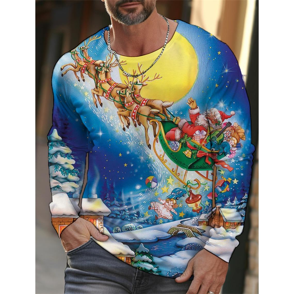 ETST0011 Heren Kerst Sneeuwvlok Print Lange Mouw T-shirt Kerst Cartoon Patroon Sport Casual Schattig Polyester Ronde Hals Lange Mouw 6XL