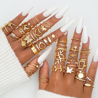 47Pcs/Set Vintage Gold Color Heart Rings Set For Women Men Hollow Butterfly Pearl Crystal Geometric Rings Trendy Finger Jewelry