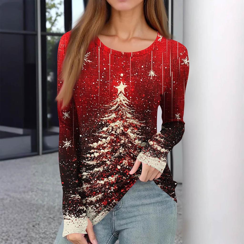 Women's Winter Slim Bottom T-shirt Fashion Casual Gradient Printing Round Neck Pullover Long Sleeve Top