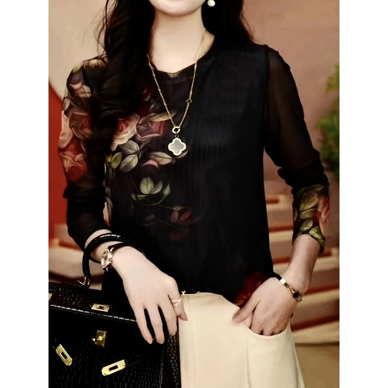 

Футболка с цветочным принтом и круглым вырезом, Элегантная футболка с длинным рукавом для весны и осени, Женская одежда 3xl