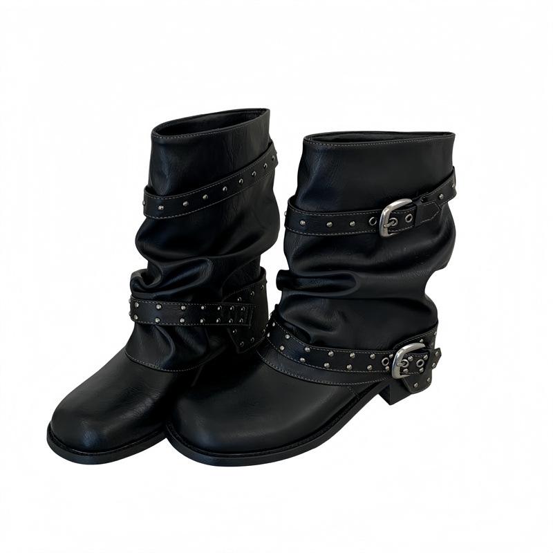 Design short boots women's rivets new stacking boots women's medium tube thick sole heightening trouser tube boots women