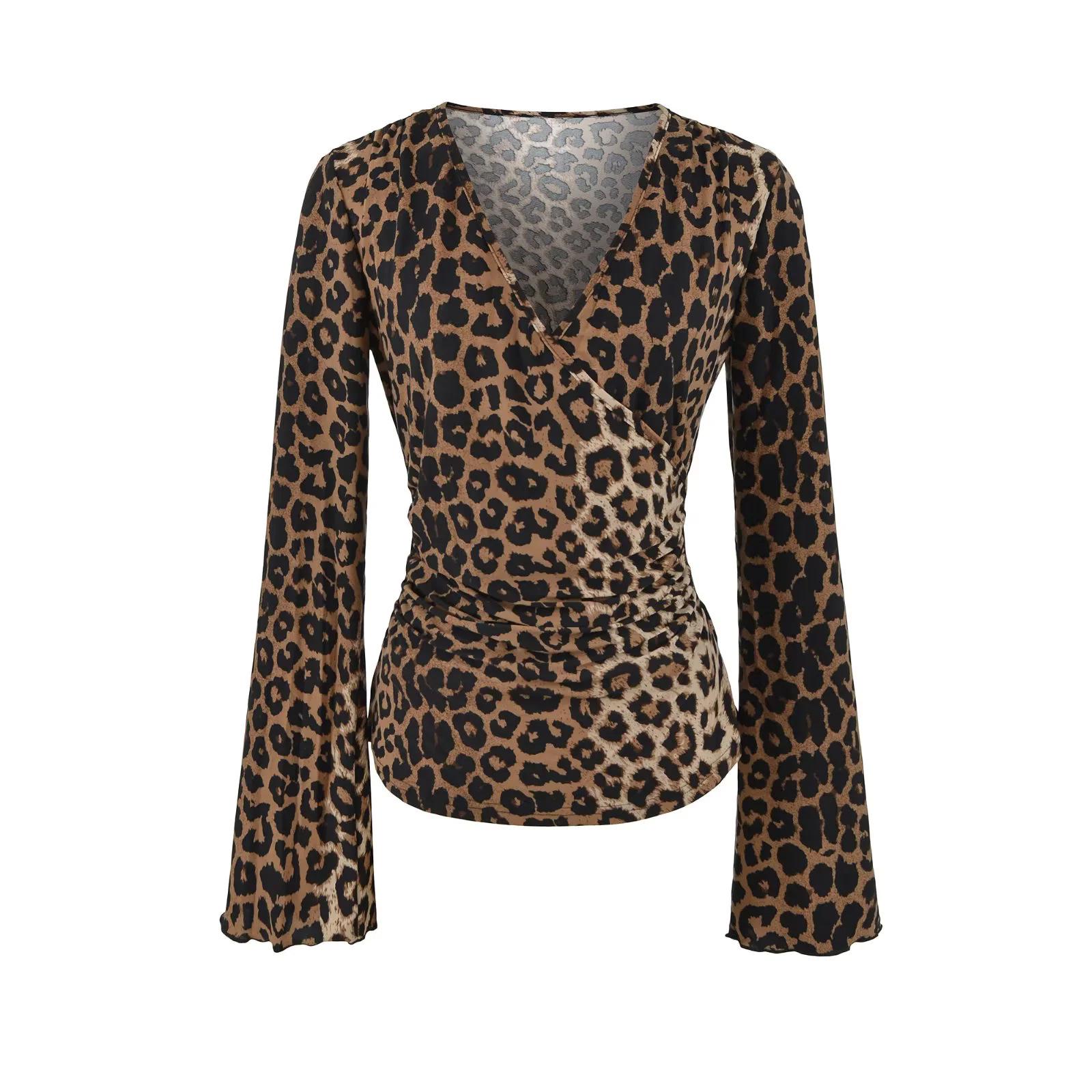 Women s Sexy V-Neck Leopard Print Cross-Strap Long-Sleeve T-shirt Small