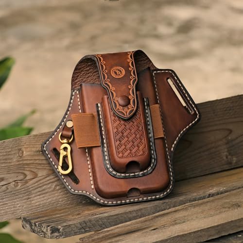 TOURBON Smartphone Pouch, Leather, Smartphone Holder, Belt Loop, Tool Pouch, Multi-functional, Holds Pliers, Pen, Flashlight, Keys
