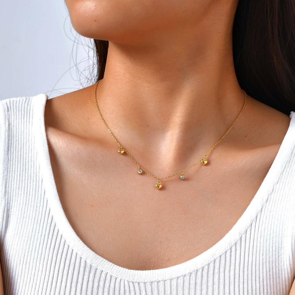 Stainless Steel Flat Cross Chain Zircon Heart Gold Necklace