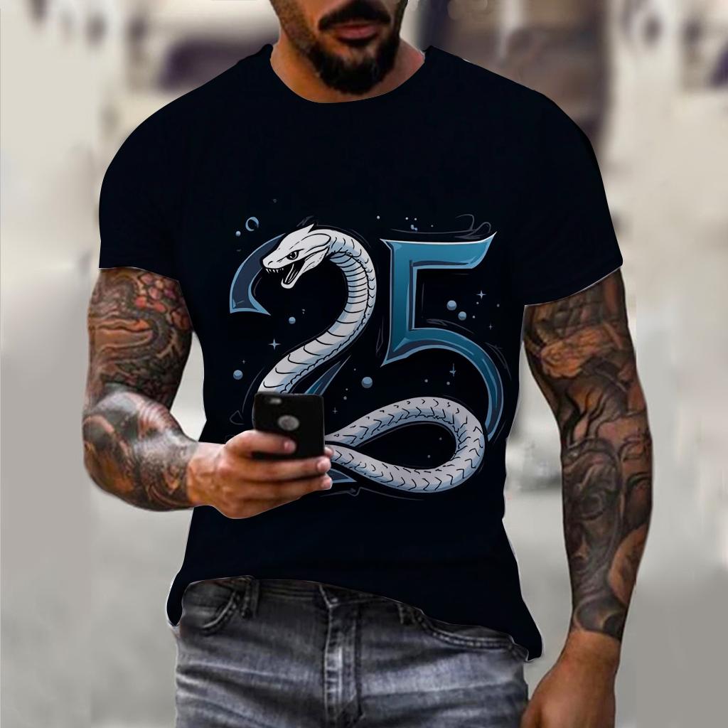 T-shirt décontracté à manches courtes pour homme imprimé 3D Année du Serpent du Nouvel An 2025 Confortable Respirant Imprimé Rétro