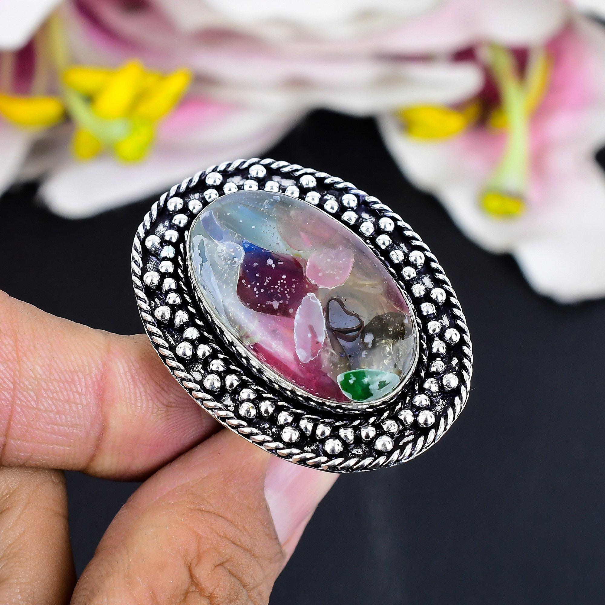 

Muurano Glass Gemstone Handmade 925 Sterling Silver Jewelry Ring Size 8.5 KG-1711