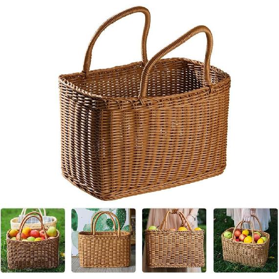 Alipis Decorative Woven Basket with Handle, Brown Plastic Rattan Flower Arrangement Basket for Storage, Picnic, Home Decor, Fruits, Vegetables,