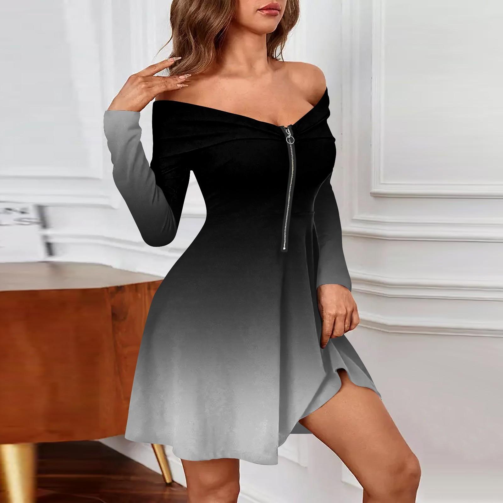 

Женские повседневные модные платья с длинным рукавом и принтом на молнии с открытыми плечами XXL