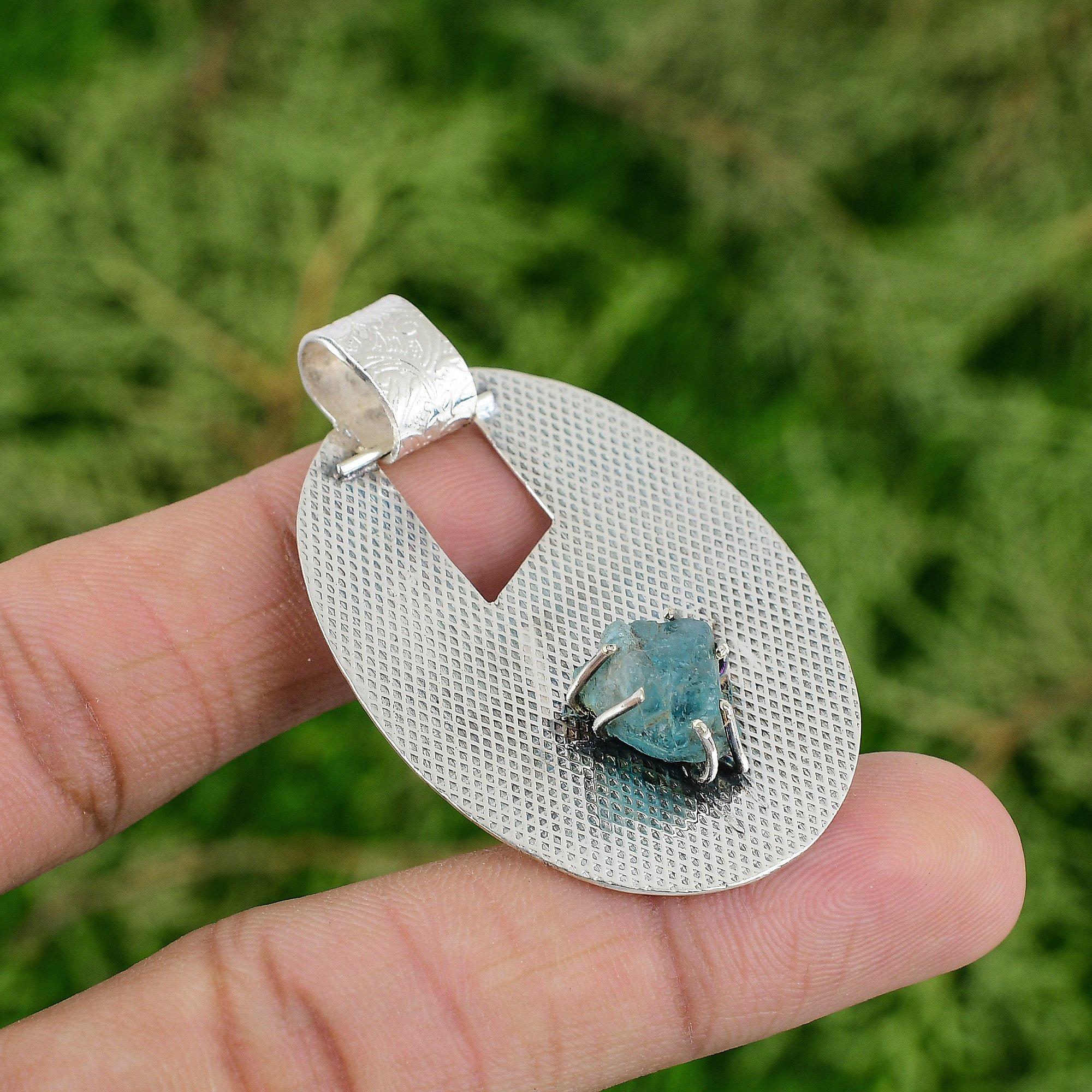 

Neon Apatite Rough Stone Sterling Silver Throat Chakra New Mother Bezel Pendant