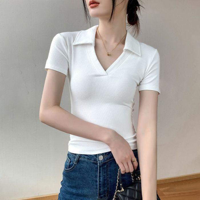 Women's Short-sleeve T-shirt Summer Simple Solid Color Slim-fit Polo Collar T-shirt Short Stretch Polo Shirt
