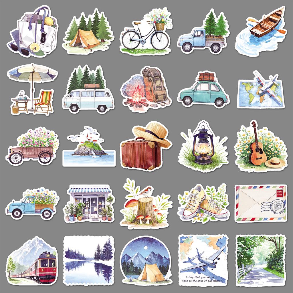 50 Outdoor Travel Graffiti Stickers Cartoon Small Fresh Hand-painted Watercolor Wind Camping Decorative Water Cup Mobile Phone Stickers