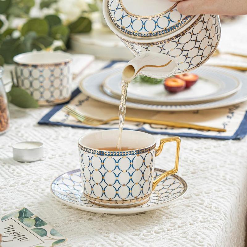 Cup Sets,15-Piece Porcelain Tea Cup and Saucer Set Service for 4Teapot,Sugar Bowl,Creamer Pitcher and Spoons, Tea Gifts Sets